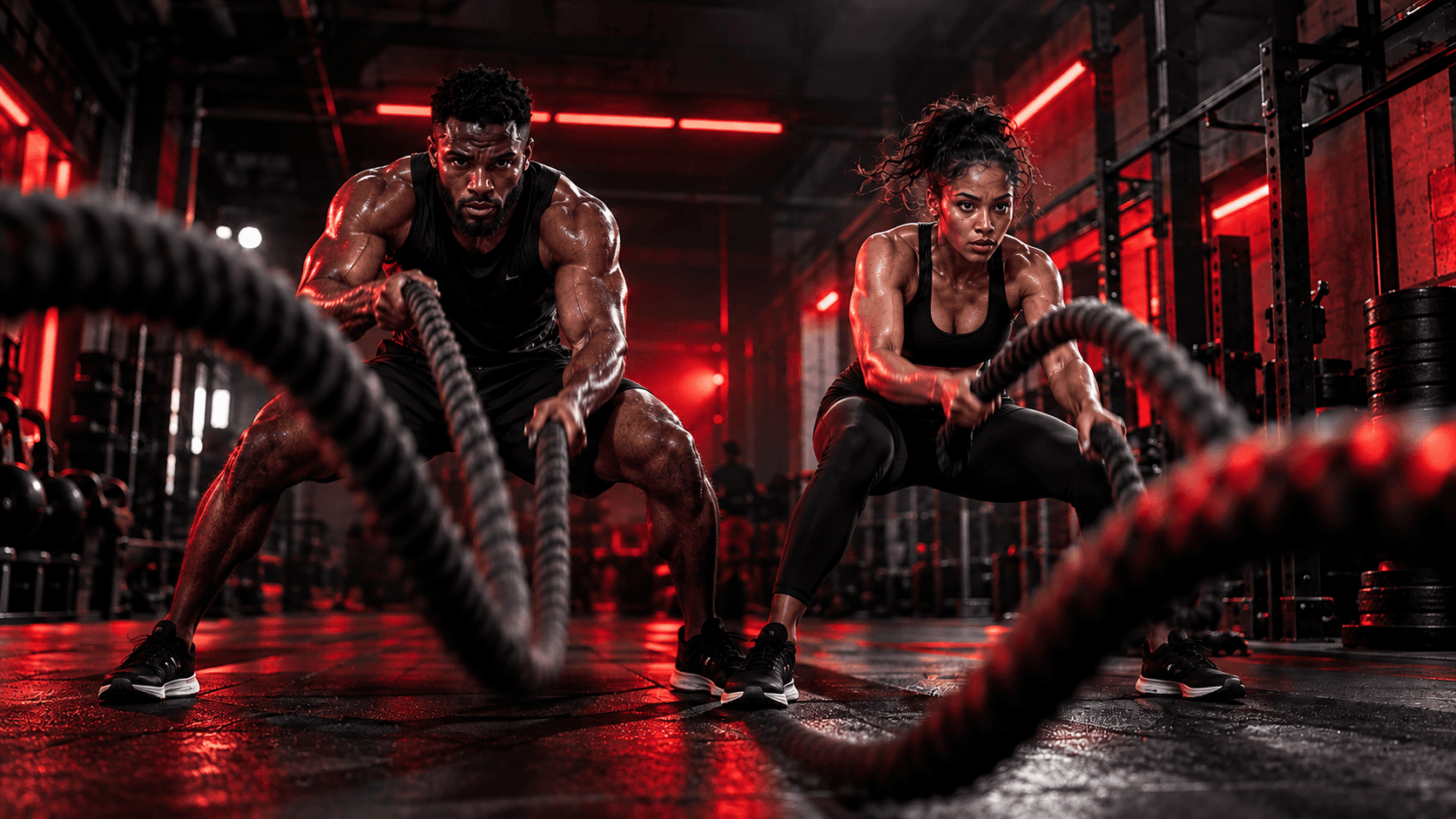 A man and woman training together with battle ropes, lit by red gym lights.