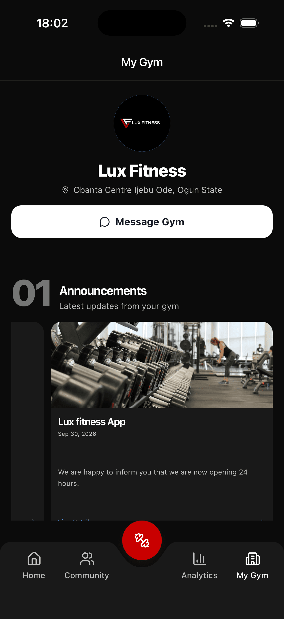 Lux app My Gym screen showing the Message Gym button and announcements area.