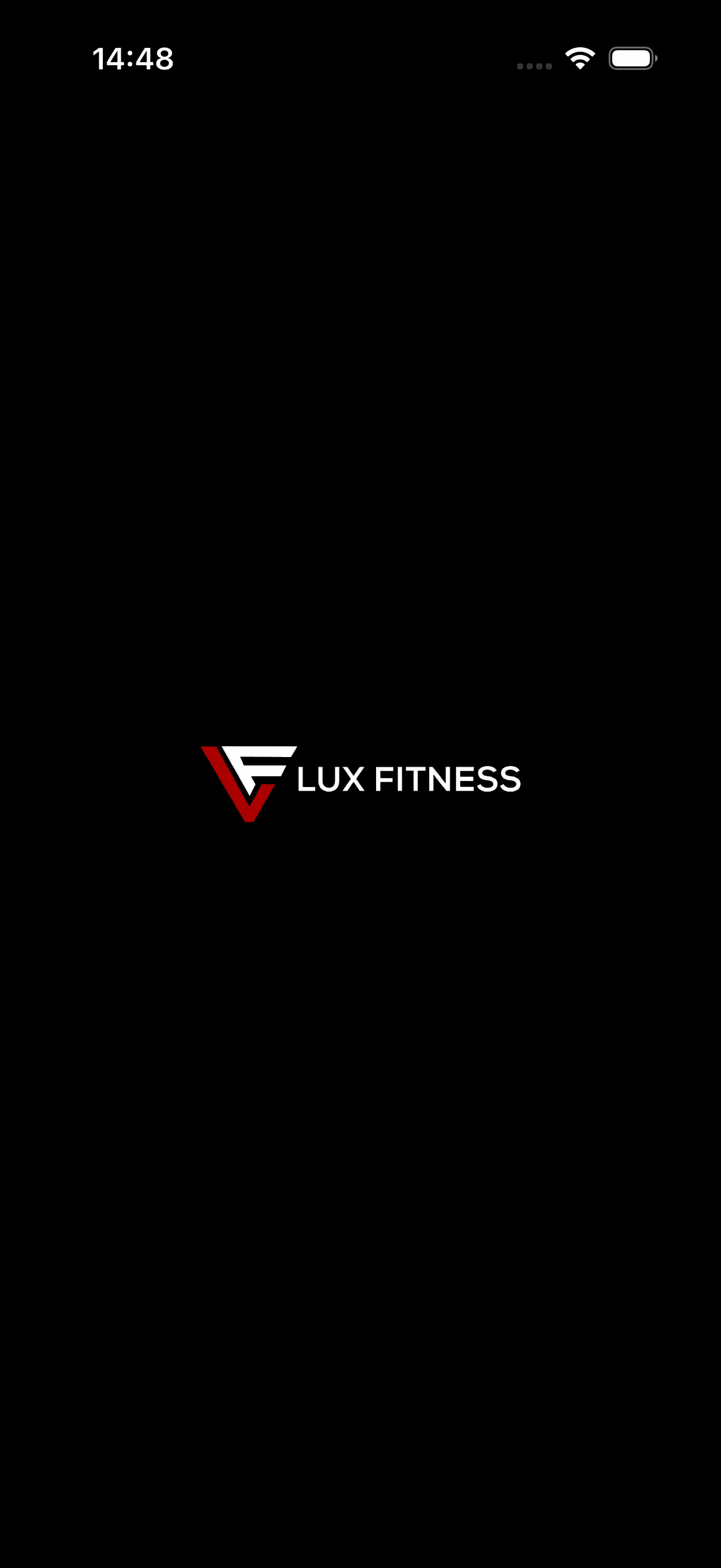 Lux Fitness app splash screen with the Lux Fitness logo on a black background.